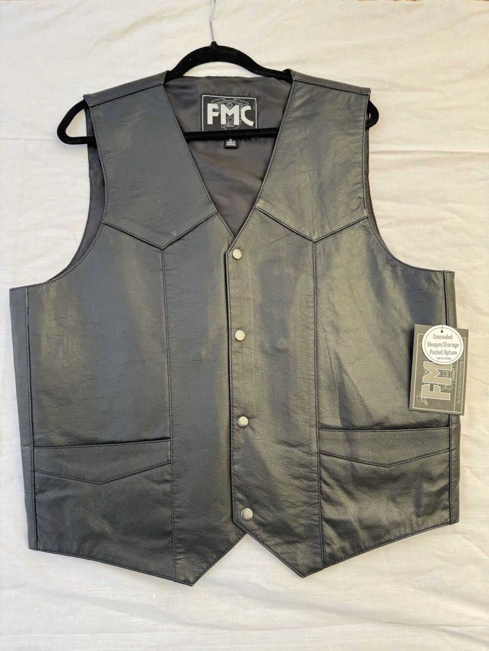 New FMC First Manufacturing Vest Men Large Leather Top Shot Biker Conceal Black